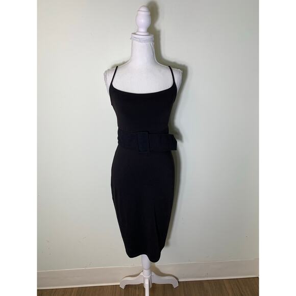 Susana Monaco Black Spaghetti Strap Belted Body Con Below The Knee Dress Sz xs - Picture 2 of 5